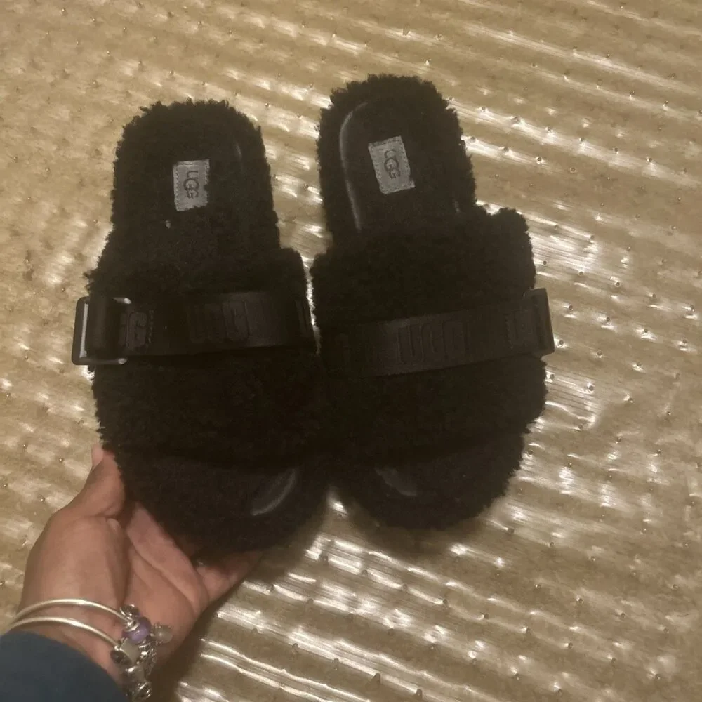 Ugg Fluffita Slide Slippers Womens 8 Black Sherpa Platform Slippers Shearling